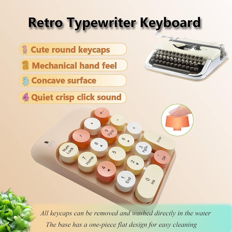 Seaciyan Wireless Number Pad, Ergonomic Cute Colorful Retro Mini Portable Numeric Keypad, 2.4G Cordless External Keyboard for Computer, Laptop (Milk Tea) - Image 3
